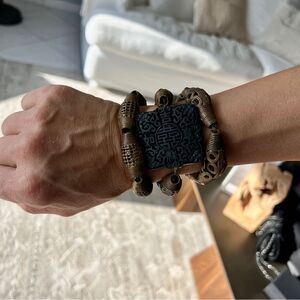 Bronze Beaded Bracelet with Carved Black Pendant Super Boho stylish